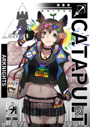Rule 34 | 1girl, absurdres, adapted costume, animal ears, animal print, arknights, bag, barcode, belt, black choker, black gloves, black shirt, black shorts, black thighhighs, bracelet, breasts, brown hair, catapult (arknights), character name, choker, chromatic aberration, colorful, commentary, copyright name, cowboy shot, cropped shirt, earrings, english text, eyewear on head, finger gun, fingerless gloves, fish bone, fish print, garter belt, garter straps, gloves, gradient background, green eyes, grey background, hair ornament, hand on own hip, headphones, headphones around neck, heart, heart-shaped eyewear, highres, horse ears, jacket, jewelry, lanyaojun, letterman jacket, licking lips, lips, long sleeves, looking at viewer, medium breasts, midriff, navel, necklace, puffy sleeves, qr code, rainbow, shirt, short hair, short shorts, shorts, shoulder bag, simple background, smartwatch, solo, spot (arknights), sprout, sprout on head, star (symbol), sticker, sunglasses, sunglasses on head, thighhighs, thighs, tongue, tongue out, watch, white background, white jacket, wristwatch