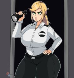 Rule 34 | 1girl, anger vein, blonde hair, bluueygooey, breasts, curvy, female focus, five nights at freddy&#039;s, five nights at freddy&#039;s: security breach, flashlight, green eyes, hand on own hip, huge breasts, long hair, ponytail, pout, solo, thick lips, thick thighs, thighs, vanessa (fnaf), wide hips