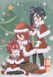 Rule 34 | 1boy, 2girls, :d, abarai ichika, abarai renji, absurdres, alternate costume, black hair, black pantyhose, bleach, bleach: epilogue, blue bow, blue ribbon, blush, bow, box, brown eyes, brown pants, capelet, christmas, christmas ornaments, christmas tree, closed mouth, commentary, double-parted bangs, dress, family, father and daughter, forehead tattoo, full body, fur-trimmed capelet, fur-trimmed dress, fur trim, gift, gift box, gloves, green background, hair between eyes, hair bow, hair down, hair ribbon, hairdressing, happy, hat, high ponytail, highres, holding, holding gift, husband and wife, indian style, kuchiki rukia, long hair, looking at another, looking down, mother and daughter, multiple girls, open mouth, pants, pantyhose, plaid, plaid pants, pom pom (clothes), purple eyes, red hair, ribbon, rinner373, santa capelet, santa costume, santa dress, santa hat, side ponytail, simple background, sitting, smile, spoilers, standing, star (symbol), twitter username, wariza, white gloves