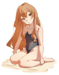 Rule 34 | 1girl, aisaka taiga, black one-piece swimsuit, blurry, breasts, brown eyes, brown hair, commentary, full body, hands on own legs, head tilt, highres, kurokiri6630, long hair, one-piece swimsuit, parted lips, school swimsuit, seiza, simple background, sitting, small breasts, solo, swimsuit, toradora!, white background