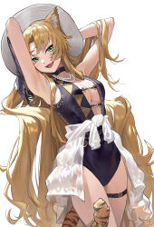 Rule 34 | 1girl, animal ear fluff, animal ears, arknights, arms behind back, black one-piece swimsuit, blonde hair, bracelet, breasts, casual one-piece swimsuit, center opening, cleavage, commentary, cowboy shot, elbow gloves, fang, gloves, green eyes, grey gloves, highres, jewelry, leaning back, long hair, looking at viewer, medium breasts, necklace, one-piece swimsuit, open mouth, pearl necklace, solo, striped tail, swimsuit, swire (arknights), tail, tail strap, thigh strap, tiger ears, tiger tail, ttk (kirinottk), very long hair, white hair