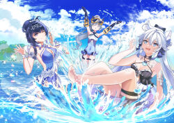 Rule 34 | 3girls, absurdres, ahoge, animal ears, armpits, arms up, bare shoulders, beach, bikini, blue one-piece swimsuit, blue sky, breasts, bronya zaychik, bronya zaychik (herrscher of truth), casual one-piece swimsuit, cat ears, chocola s, cleavage, cleavage cutout, closed mouth, clothing cutout, cloud, cloudy sky, covered navel, dress, goggles, goggles on head, grey hair, hair ornament, highres, honkai (series), honkai impact 3rd, innertube, kiana kaslana, kiana kaslana (herrscher of finality), kiana kaslana (selenic ripples), long hair, multiple girls, navel, one-piece swimsuit, one eye closed, open mouth, outdoors, ponytail, purple dress, purple eyes, raiden mei, raiden mei (crooning tides), raiden mei (herrscher of origin), sky, smile, soles, swim ring, swimsuit, toes, very long hair, water, white hair