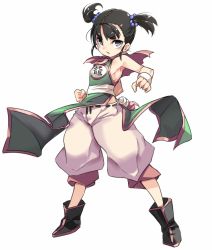 Rule 34 | 1girl, armpits, bare shoulders, black footwear, black hair, blush stickers, boots, clenched hand, dragon quest, dragon quest iii, dress, fighter (dq3), fingernails, full body, green dress, grey eyes, hair bobbles, hair ornament, highres, karukan (monjya), looking at viewer, parted lips, pelvic curtain, puffy shorts, short twintails, shorts, simple background, solo, square enix, standing, twintails, v-shaped eyebrows, white background, white shorts