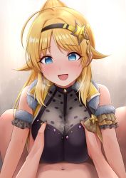 Rule 34 | 1boy, 1girl, bare shoulders, blonde hair, blue eyes, blush, breasts, breasts squeezed together, fur trim, hachimiya meguru, hair ornament, hairband, hetero, highres, idolmaster, idolmaster shiny colors, large breasts, long hair, looking at viewer, open mouth, paizuri, paizuri under clothes, smile, solo focus, star (symbol), star hair ornament, tagme, warubo