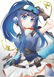 Rule 34 | 1girl, absurdres, arknights, arm up, astgenne (arknights), bird tail, black thighhighs, blue eyes, blunt bangs, blush, bracelet, breasts, capelet, closed mouth, cowboy shot, goggles, goggles on head, gradient background, grey background, highres, infection monitor (arknights), jewelry, k@bu, long hair, looking at viewer, medium breasts, miniskirt, ponytail, short sleeves, skirt, smile, solo, tail, thighhighs, very long hair, white capelet, white skirt, zettai ryouiki