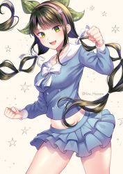 Rule 34 | 1girl, :d, black hair, blush, bow, breasts, chabashira tenko, choker, clenched hands, commentary request, cowboy shot, danganronpa (series), danganronpa v3: killing harmony, frills, green eyes, hair ornament, hair ribbon, hairband, highres, layered skirt, long hair, long sleeves, looking at viewer, low twintails, medium breasts, midriff, miniskirt, mole, mole under mouth, nabekokoa, navel, open mouth, pleated skirt, ribbon, school uniform, shirt, skirt, smile, solo, teeth, twintails, twitter username, upper teeth only, white bow
