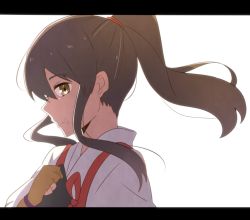 Rule 34 | 10s, 1girl, akagi (kancolle), alternate hairstyle, bad id, bad pixiv id, brown eyes, brown hair, food, food on face, japanese clothes, kantai collection, letterboxed, long hair, muneate, personification, ponytail, portrait, profile, rice, rice on face, solo, yukichi (eikichi)