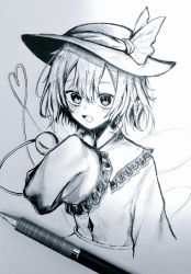 Rule 34 | 1girl, :d, art tools in frame, ballpoint pen (medium), blouse, blush, buttons, commentary, cropped torso, diamond button, eyebrows hidden by hair, frilled shirt collar, frilled sleeves, frills, greyscale, hair between eyes, hand up, hat, hat ribbon, heart, heart of string, komeiji koishi, long sleeves, looking at viewer, monochrome, open mouth, photo (medium), ribbon, shirt, short hair, skirt, sleeves past fingers, sleeves past wrists, smile, solo, takoiro, third eye, touhou, traditional media, upper body, wide sleeves