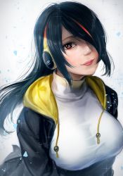 Rule 34 | 1girl, black hair, breasts, bright pupils, brown eyes, closed mouth, drawstring, emperor penguin (kemono friends), hair over one eye, headphones, highres, hood, hood down, hooded jacket, jacket, kemono friends, large breasts, leotard, lips, long hair, looking at viewer, multicolored hair, red hair, smile, solo, streaked hair, swept bangs, takami masahiro, taut clothes, turtleneck, two-tone hair, upper body, white pupils
