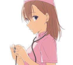 1girl brown_hair comiket_97 commentary_request expressionless grey_eyes hat highres looking_at_viewer medium_hair misaka_imouto misaka_imouto_10046 nurse nurse_cap simple_background solo stethoscope toaru_kagaku_no_accelerator toaru_majutsu_no_index upper_body white_background yaegashi_youhei