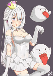 Rule 34 | 1girl, :p, absurdres, armband, artist name, black background, blush, boo (mario), breasts, brooch, cleavage, cleavage cutout, clothing cutout, commentary, crown, dress, earrings, elbow gloves, frilled armband, frilled gloves, frills, frown, gem, ghost pose, gloves, highres, invisible chair, jewelry, layered dress, light blush, long hair, looking at viewer, luigi&#039;s mansion, mario (series), medium breasts, mini crown, new super mario bros. u deluxe, nintendo, open mouth, princess king boo, purple eyes, qianxiaolin, short dress, signature, simple background, sitting, sleeveless, sleeveless dress, solo, super crown, thighhighs, tilted headwear, tongue, tongue out, white dress, white gloves, white hair, white thighhighs