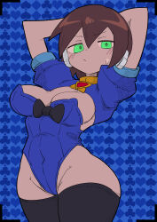 Rule 34 | 1girl, absurdres, aile (mega man zx), arms behind head, arms up, black thighhighs, blue background, blue jacket, blue leotard, breasts, brown hair, buzzlyears, cleavage, club (shape), covered navel, cowboy shot, cropped jacket, diamond (shape), green eyes, heart, highres, jacket, large breasts, leotard, mega man (series), mega man zx, robot ears, short hair, short sleeves, solo, spade (shape), thighhighs