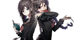 Rule 34 | 2girls, back-to-back, black shirt, book, braid, brown hair, commentary, danganronpa: trigger happy havoc, danganronpa (series), dual persona, frown, fukawa toko, genocider shou, glasses, hand up, highres, holding, holding book, holding scissors, long hair, long sleeves, long tongue, looking at viewer, mdr (mdrmdr1003), mole, mole under mouth, multiple girls, neckerchief, red eyes, rimless eyewear, round eyewear, sailor collar, school uniform, scissors, serafuku, shirt, simple background, symbol-only commentary, teeth, tongue, tongue out, twin braids, upper body, upper teeth only, white background