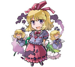 Rule 34 | 1girl, :d, blonde hair, chibi, doll, dress, female focus, flower, lily of the valley, lowres, medicine melancholy, open mouth, purple eyes, short hair, smile, smoke, solo, tako (plastic protein), touhou