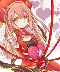 Rule 34 | 1girl, bound, bound arms, brown hair, collarbone, dipladenia (flower knight girl), flower, flower knight girl, hair ornament, hat, heart, heart background, long hair, looking at viewer, red ribbon, ribbon, roshio, sidelocks, sleeveless, solo, tied up, yellow eyes