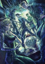 Rule 34 | 1girl, 4boys, blonde hair, glasses, ikushima naoki, ikusy, live a live, long hair, looking back, multiple boys, official art, robot, science fiction, spacecraft, square enix