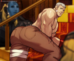 Rule 34 | 2boys, alt text, alternate pectoral size, ass, ass focus, bandaid, bandaid on cheek, bandaid on face, bara, brown pants, character request, feet out of frame, jimsdaydreams, large pectorals, leaning forward, looking at viewer, male focus, mask, monster boy, multiple boys, muscular, muscular male, nipples, pants, pectorals, persona, sanada akihiko, short hair, sideburns, solo focus, thick thighs, thighs, white hair