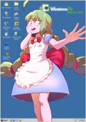 Rule 34 | !, 1girl, :d, ahoge, apron, blue dress, blurry, blurry background, blush, bow, bowtie, braid, breasts, commentary, dress, dress bow, english commentary, feet out of frame, green eyes, green hair, hair between eyes, hand on own cheek, hand on own face, highres, long hair, maid, me-tan, microsoft windows, open mouth, os-tan, outstretched arm, phinci, puffy short sleeves, puffy sleeves, reaching, reaching towards viewer, red bow, red bowtie, short sleeves, sidelocks, small breasts, smile, solo, spread fingers, standing, twin braids, user interface, very long hair, wavy mouth, white apron, wide-eyed, windows me
