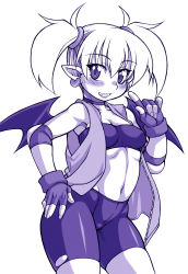 Rule 34 | 1girl, aq interactive, arcana heart, armpits, atlus, bandeau, bat wings, bike shorts, blush, breasts, choker, cleavage, demon girl, earrings, elbow pads, examu, fingerless gloves, gloves, grin, hair between eyes, hand on own hip, highres, index finger raised, jewelry, lilica felchenerow, looking at viewer, medium breasts, midriff, monochrome, nakagami takashi, navel, open clothes, open vest, pointy ears, scrunchie, short hair, short twintails, simple background, smile, solo, standing, twintails, unzipped, vest, white background, wings