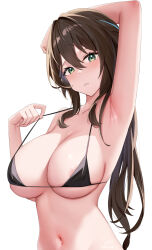 Rule 34 | 1girl, areola slip, arm up, armpits, bare arms, bare shoulders, bikini, black bikini, breasts, brown hair, collarbone, commentary request, green eyes, hair intakes, hand up, highres, honkai: star rail, honkai (series), large breasts, looking at viewer, navel, parted lips, ruan mei (honkai: star rail), simple background, skai kun, solo, stomach, swimsuit, upper body, white background