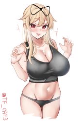 Rule 34 | 1girl, alternate breast size, blonde hair, blush, bra, breasts, cleavage, collarbone, cowboy shot, grey bra, grey panties, hair flaps, hair ornament, hair ribbon, hairclip, highres, kantai collection, large breasts, legs together, long hair, looking at viewer, navel, panties, red eyes, ribbon, simple background, smile, solo, sports bra, tf cafe, twitter username, underwear, underwear only, white background, yuudachi (kancolle), yuudachi kai ni (kancolle)