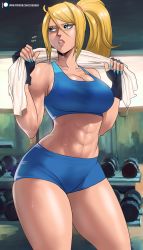 Rule 34 | 1girl, abs, absurdres, bare arms, bare shoulders, black gloves, blonde hair, blue eyes, blue nails, blue shorts, breasts, cleavage, collarbone, commentary, cowboy shot, crop top, echo saber, fingerless gloves, gloves, hair between eyes, hands up, highres, holding, holding towel, large breasts, long hair, metroid, midriff, muscular, muscular female, nail polish, navel, nintendo, panting, parted lips, ponytail, samus aran, short shorts, short sleeves, shorts, solo, sports bra, standing, stomach, sweat, thick thighs, thighs, towel