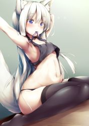 Rule 34 | 1girl, animal ear fluff, animal ears, armpits, arms up, bare shoulders, black panties, black thighhighs, blue eyes, blush, breasts, closed mouth, collarbone, commentary request, crop top, groin, hair between eyes, highres, long hair, looking at viewer, midriff, mouth hold, navel, original, panties, purple ribbon, ribbon, sideboob, silver hair, sitting, small breasts, solo, stomach, tail, thighhighs, underwear, wariza, wolf ears, wolf girl, wolf tail, yuki kawachi