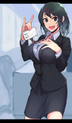 Rule 34 | 1girl, :d, black eyes, black hair, black skirt, breasts, commentary, cowboy shot, fang, formal, hair ornament, hairclip, hand on own chest, id card, indoors, kujuu shikuro, large breasts, looking at viewer, name tag, office lady, open mouth, original, pencil skirt, short hair, skirt, skirt suit, smile, solo, suit
