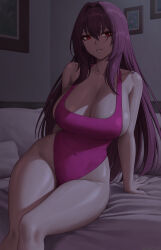 Rule 34 | 1girl, bed, breasts, cleavage, covered navel, curvy, fate/grand order, fate (series), hair between eyes, hair intakes, highleg, highleg swimsuit, highres, indoors, large breasts, long hair, on bed, one-piece swimsuit, parted lips, pillow, purple hair, purple one-piece swimsuit, red eyes, scathach (fate), sitting, solo, swimsuit, very long hair, wide hips, zaphn