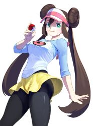 Rule 34 | 1girl, absurdres, black pantyhose, bow, breasts, brown hair, commentary request, creatures (company), double bun, game freak, green eyes, hair bun, highres, holding, holding poke ball, long hair, medium breasts, nintendo, pantyhose, pantyhose under shorts, pink bow, poke ball, poke ball (basic), pokemon, pokemon bw2, raglan sleeves, rosa (pokemon), shirt, short shorts, shorts, simple background, smile, solo, taut clothes, taut shirt, thighs, turiganesou800, twintails, very long hair, visor cap, white background, yellow shorts