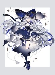 Rule 34 | 1girl, absurdres, arm up, black bow, black footwear, blue bow, blue eyes, blue hat, blue skirt, blue thighhighs, bow, closed mouth, constellation print, dress, footwear bow, full body, gradient sleeves, grey eyes, grey hair, hat, hat bow, heterochromia, highres, horns, long hair, multicolored hair, original, qianqianjie, single thighhigh, skirt, smile, solo, space print, sparkle print, starry sky print, streaked hair, striped, striped bow, thigh strap, thighhighs, two-tone background, very long hair, white dress, witch hat