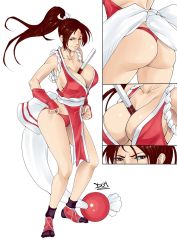 Rule 34 | 1girl, ass, between breasts, bracelet, breasts, brown eyes, brown hair, cleavage, dommetalix, female focus, folded fan, folding fan, full body, hair ornament, hand fan, highres, japanese clothes, jewelry, large breasts, long hair, matching hair/eyes, multiple views, ninja, panties, pelvic curtain, ponytail, red panties, revealing clothes, shiranui mai, smile, snk, the king of fighters, thong, underwear