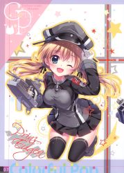 Rule 34 | 1girl, absurdres, black footwear, black thighhighs, blush, breasts, character name, full body, gloves, hat, highres, holding, izumi tsubasu, kantai collection, long hair, long sleeves, looking at viewer, low twintails, medium breasts, military, military uniform, one eye closed, open mouth, page number, peaked cap, pleated skirt, prinz eugen (kancolle), scan, shiny clothes, shiny skin, shoes, simple background, skirt, smile, solo, star (symbol), starry background, thighhighs, twintails, uniform, white gloves