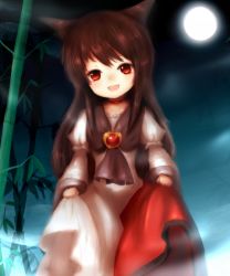 Rule 34 | 1girl, :d, amano jack, animal ears, bad id, bad pixiv id, bamboo, brooch, brown hair, clothes lift, dress, dress lift, fang, fangs, full moon, highres, imaizumi kagerou, jewelry, juliet sleeves, long hair, long sleeves, moon, neckerchief, night, open mouth, puffy sleeves, red eyes, revision, smile, touhou, very long hair, wolf ears