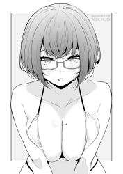 Rule 34 | 1girl, bikini, blush, breasts, collarbone, commentary request, dated, glasses, grey background, greyscale, highres, kichihachi, large breasts, looking at viewer, mole, mole on breast, monochrome, navel, original, parted lips, short hair, solo, sweatdrop, swimsuit, twitter username, two-tone background, white background