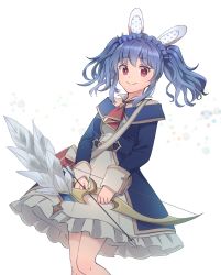 Rule 34 | 1girl, animal ears, arrow (projectile), blue coat, blue hair, bow (weapon), closed mouth, coat, commentary request, dress, fake animal ears, feet out of frame, frilled dress, frills, headdress, highres, hohohoi, holding, holding bow (weapon), holding weapon, long hair, looking at viewer, necktie, off-shoulder coat, off shoulder, rabbit ears, ragnarok online, ragnarok origin, red eyes, red necktie, sidelocks, smile, solo, strapless, strapless dress, two side up, weapon, white background, white dress