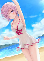 Rule 34 | 1girl, arm up, armpits, beach, bikini, bikini bottom only, blue sky, blush, breasts, cleavage, collarbone, cowboy shot, day, dress, fate/grand order, fate (series), hair over one eye, highres, ikkyuutensaii, light purple hair, looking at viewer, mash kyrielight, mash kyrielight (swimsuit of perpetual summer), medium breasts, ocean, official alternate costume, outdoors, purple eyes, short dress, short hair, sideboob, skirted swimsuit, sky, sleeveless, sleeveless dress, smile, solo, standing, swimsuit, white bikini, white dress