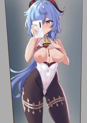 Rule 34 | 1girl, absurdres, black pantyhose, blue hair, blush, breasts, breasts out, cameltoe, cellphone, center opening, cowboy shot, evasong, ganyu (genshin impact), genshin impact, hand on own chest, highleg, highleg leotard, highres, holding, holding phone, horns, leotard, long hair, medium breasts, mirror, nipples, pantyhose, phone, purple eyes, selfie, solo, taking picture, thighs, wide hips