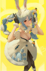 Rule 34 | 1girl, :d, absurdres, animal ear fluff, animal ears, bare shoulders, black gloves, black pantyhose, blue hair, boots, braid, breasts, carrot hair ornament, cleavage, commentary, detached sleeves, dingding (chongsangjun), double v, dress, english commentary, food-themed hair ornament, fur-trimmed boots, fur-trimmed dress, fur collar, fur trim, gloves, hair between eyes, hair ornament, hands up, highres, hololive, knees together feet apart, long hair, looking at viewer, medium breasts, multicolored hair, open mouth, pantyhose, pocket, rabbit-shaped pupils, rabbit ears, rabbit girl, red eyes, scrunchie, short eyebrows, short sleeves, sidelocks, smile, solo, symbol-shaped pupils, teeth, thick eyebrows, twin braids, two-tone hair, upper teeth only, usada pekora, usada pekora (1st costume), v, v-shaped eyebrows, virtual youtuber, white dress, white hair, white scrunchie, white sleeves, wrist scrunchie, yellow background