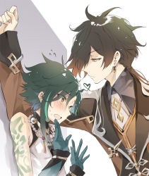 Rule 34 | 2boys, @ @, against wall, ahoge, arm tattoo, bare shoulders, bead necklace, beads, black hair, blush, brown hair, closed mouth, collared shirt, earrings, facial mark, forehead mark, formal, genshin impact, gloves, green gloves, green hair, hair between eyes, heart, heart ahoge, hesobellyb, jacket, jewelry, kabedon, long hair, long sleeves, male focus, multicolored hair, multiple boys, necklace, necktie, parted bangs, ponytail, shirt, simple background, single earring, sleeveless, sweat, tassel, tassel earrings, tattoo, white background, xiao (genshin impact), yellow eyes, zhongli (genshin impact)
