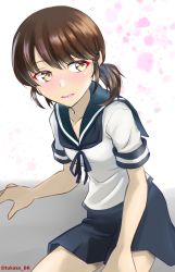 Rule 34 | 1girl, blue neckerchief, blue sailor collar, blue skirt, brown hair, collared shirt, commentary request, highres, kantai collection, looking at viewer, low twintails, neckerchief, one-hour drawing challenge, parted bangs, pleated skirt, sailor collar, school uniform, serafuku, shirayuki (kancolle), shirt, short hair, short sleeves, short twintails, sitting, skirt, solo, tsukasa (tukasa br), twintails, white background, yellow eyes