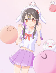 Rule 34 | 1girl, :3, absurdres, alternate costume, animal, animal on head, bare arms, black hair, blush, bow, bowtie, brown eyes, c:, collarbone, commentary, hair between eyes, hair ornament, hairclip, hands up, hat, hat with ears, highres, long hair, looking at viewer, midriff peek, multicolored hair, navel, omochi tabeyo97, on head, onii-chan wa oshimai!, oyama mihari, pink background, pink skirt, pleated skirt, purple hair, rabbit, rabbit on head, red bow, red bowtie, school uniform, serafuku, short sleeves, simple background, skirt, smile, solo, two-tone hair, white hat