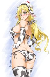 Rule 34 | 1girl, akimoto dai, animal ears, animal print, artist name, ass, beret, bikini, blonde hair, blue eyes, butt crack, commentary request, covered erect nipples, cow ears, cow horns, cow print, cow print bikini, cowboy shot, dated, elbow gloves, fake animal ears, fake horns, from behind, gloves, hair between eyes, halterneck, hat, highres, horns, kantai collection, long hair, mole, mole under eye, mole under mouth, one-hour drawing challenge, pom pom (clothes), print bikini, richelieu (kancolle), side-tie bikini bottom, solo, standing, string bikini, swimsuit, thighhighs, white bikini, white gloves, white hat, white thighhighs