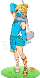 Rule 34 | 1boy, absurdres, arm up, blonde hair, blue eyes, blue mask, blue nails, blue shirt, blue shorts, blush, brown footwear, crossdressing, detached sleeves, full body, gladiator sandals, grass, grey scarf, hair bun, highres, holding, legs, link, long sleeves, looking at viewer, male focus, medium hair, mushroom, nintendo, outdoors, parted bangs, pelvic curtain, pointy ears, sandals, scarf, shiny skin, shirt, shorts, sidelocks, simple background, solo, st (youx1119), standing, sweatdrop, sword, the legend of zelda, the legend of zelda: tears of the kingdom, thighs, toenails, toes, translation request, trap, triforce, weapon, white background