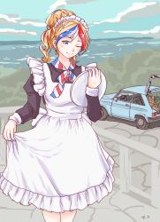 Rule 34 | 1girl, alternate costume, apron, black dress, blonde hair, blue hair, blue sky, car, clothes lift, cloud, commandant teste (kancolle), commentary request, cowboy shot, day, dress, dress lift, enmaided, frilled apron, frills, highres, kantai collection, landscape, long hair, looking at viewer, maid, motor vehicle, multicolored hair, outdoors, ponytail, railing, red hair, sky, solo, streaked hair, swept bangs, thrux, vehicle request, wavy hair, white apron, white hair