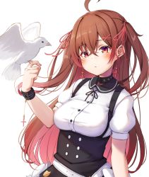 Rule 34 | 1girl, ahoge, bird, bird on hand, black choker, black ribbon, black skirt, blush, breasts, brown hair, buttons, choker, closed mouth, commentary request, cross, cross earrings, dove, earrings, hair between eyes, hair ornament, hair ribbon, hand up, high-waist skirt, highres, jewelry, large breasts, long hair, looking at viewer, neck ribbon, nyan (reinyan 007), open mouth, original, red eyes, red ribbon, ribbon, shirt, short sleeves, skirt, solo, suspender skirt, suspenders, two side up, upper body, white shirt, wristband, x hair ornament