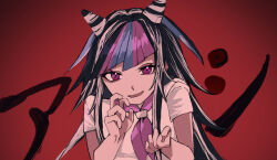 1girl :d a-ru_(r_dngn) black_hair blue_hair danganronpa_(series) danganronpa_2:_goodbye_despair gradient_background hair_horns hands_up multicolored_hair neckerchief open_mouth pink_eyes pink_hair pink_neckerchief red_background shirt short_sleeves smile solo tsumiki_mikan white_hair white_shirt