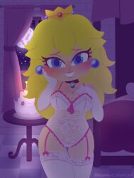 Rule 34 | 1girl, artist name, bare shoulders, bedroom, black choker, blonde hair, blue eyes, blue gemstone, blush, bow, breast suppress, breasts, cake, checkered floor, choker, cleavage, covered navel, crown, curtains, earrings, elbow gloves, eyelashes, floral print, food, fruit, full moon, garter straps, gem, gloves, hand on own cheek, hand on own face, icing, indoors, jewelry, karmacolorcat, lace, lace-trimmed legwear, lace trim, leotard, lingerie, lips, long hair, looking at viewer, mario (series), medium breasts, moon, moonlight, night, nintendo, pendant choker, pillow, pink bow, pink curtains, princess peach, seductive smile, see-through, smile, solo, sphere earrings, strawberry, strawberry cake, super mario bros. 1, table, thighhighs, twitter username, underwear, white gloves, white leotard, white thighhighs, window