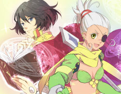 Rule 34 | 1boy, 1girl, alfa system, black hair, blue eyes, book, bra, breasts, cape, conway tau, eyepatch, gloves, green eyes, long hair, open mouth, ponytail, qq selesneva, scarf, short hair, tales of (series), tales of innocence, underwear, weapon, white hair
