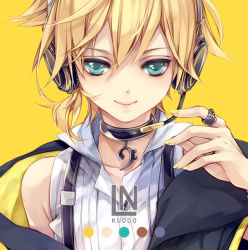 Rule 34 | 1boy, aqua eyes, bare shoulders, bass clef, black jacket, blonde hair, choker, collared shirt, color guide, commentary, headphones, headset, jacket, jewelry, kagamine len, ln, looking at viewer, male focus, nail polish, off shoulder, pendant, ring, shirt, simple background, sleeveless, smile, solo, suspenders, upper body, vocaloid, white shirt, yellow nails, yellow theme